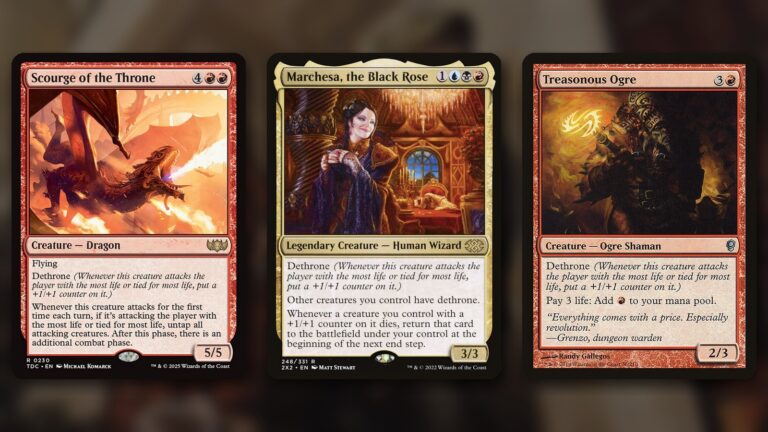 Three dethrone cards side by side: Scourge of the Throne, a red dragon breathing fire through orange clouds, Marchesa, the Black Rose, a smiling woman in a purple robe in a candle-lit hall, and Treasonous Ogre, a dark ogre shaman holding a glowing rune, over a blurred background of Marchesa's Infiltrator art