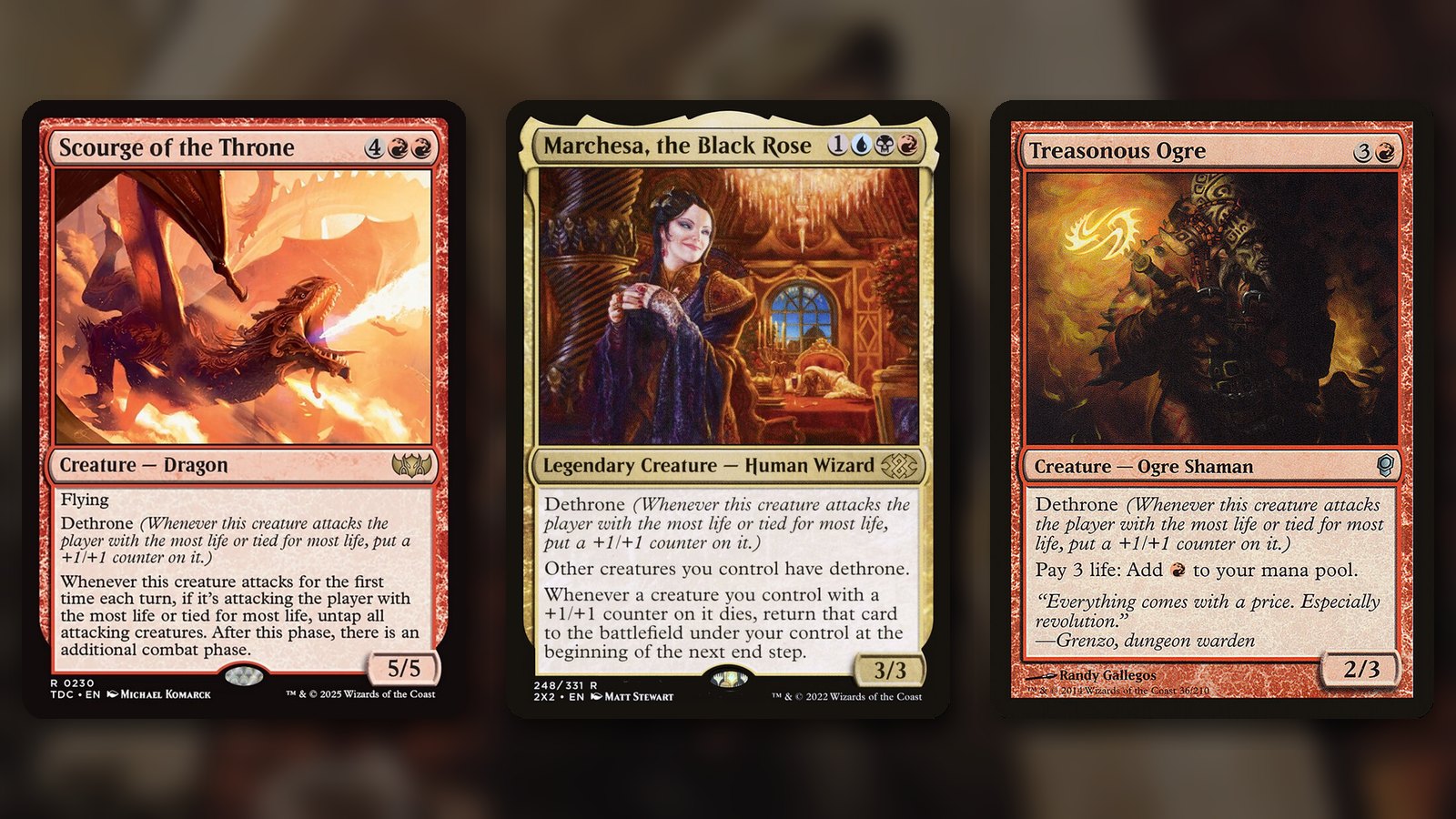 Three dethrone cards side by side: Scourge of the Throne, a red dragon breathing fire through orange clouds, Marchesa, the Black Rose, a smiling woman in a purple robe in a candle-lit hall, and Treasonous Ogre, a dark ogre shaman holding a glowing rune, over a blurred background of Marchesa's Infiltrator art