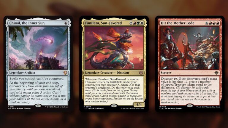 Three Magic cards side by side over a blurred red dinosaur background: Chimil, the Inner Sun, Pantlaza, Sun-Favored and Hit the Mother Lode, each showing discover in its rules text
