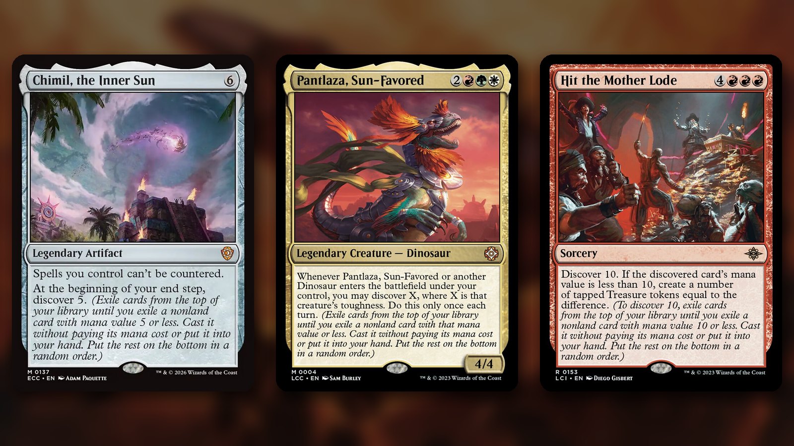 Three Magic cards side by side over a blurred red dinosaur background: Chimil, the Inner Sun, Pantlaza, Sun-Favored and Hit the Mother Lode, each showing discover in its rules text