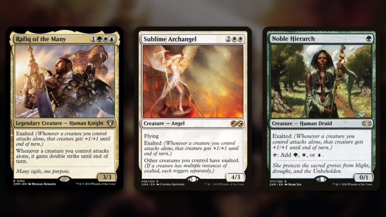 Three MTG exalted cards side by side: Rafiq of the Many, an armoured knight with a huge sword and a lion behind him, Sublime Archangel, a white-winged angel in flames, and Noble Hierarch, a robed druid with a staff in a green grove, over a blurred dark background