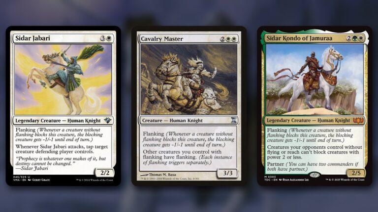 Three MTG flanking cards side by side: Sidar Jabari, a knight in green rearing on a white horse, Cavalry Master, a wild-haired knight charging on an armoured horse, and Sidar Kondo of Jamuraa, a knight in bronze armour on a white horse at a cliff edge, over a blurred background