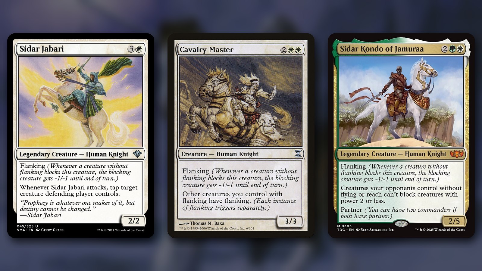 Three MTG flanking cards side by side: Sidar Jabari, a knight in green rearing on a white horse, Cavalry Master, a wild-haired knight charging on an armoured horse, and Sidar Kondo of Jamuraa, a knight in bronze armour on a white horse at a cliff edge, over a blurred background
