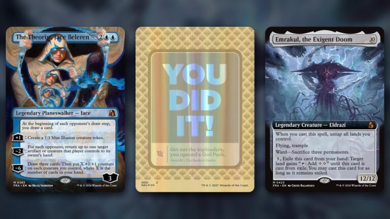Three Magic cards side by side: the gold foil God Pack celebration card reading YOU DID IT! in the middle, the borderless The Theorist, Jace Beleren on the left and the borderless Emrakul, the Exigent Doom on the right, over a blurred dark blue storm background