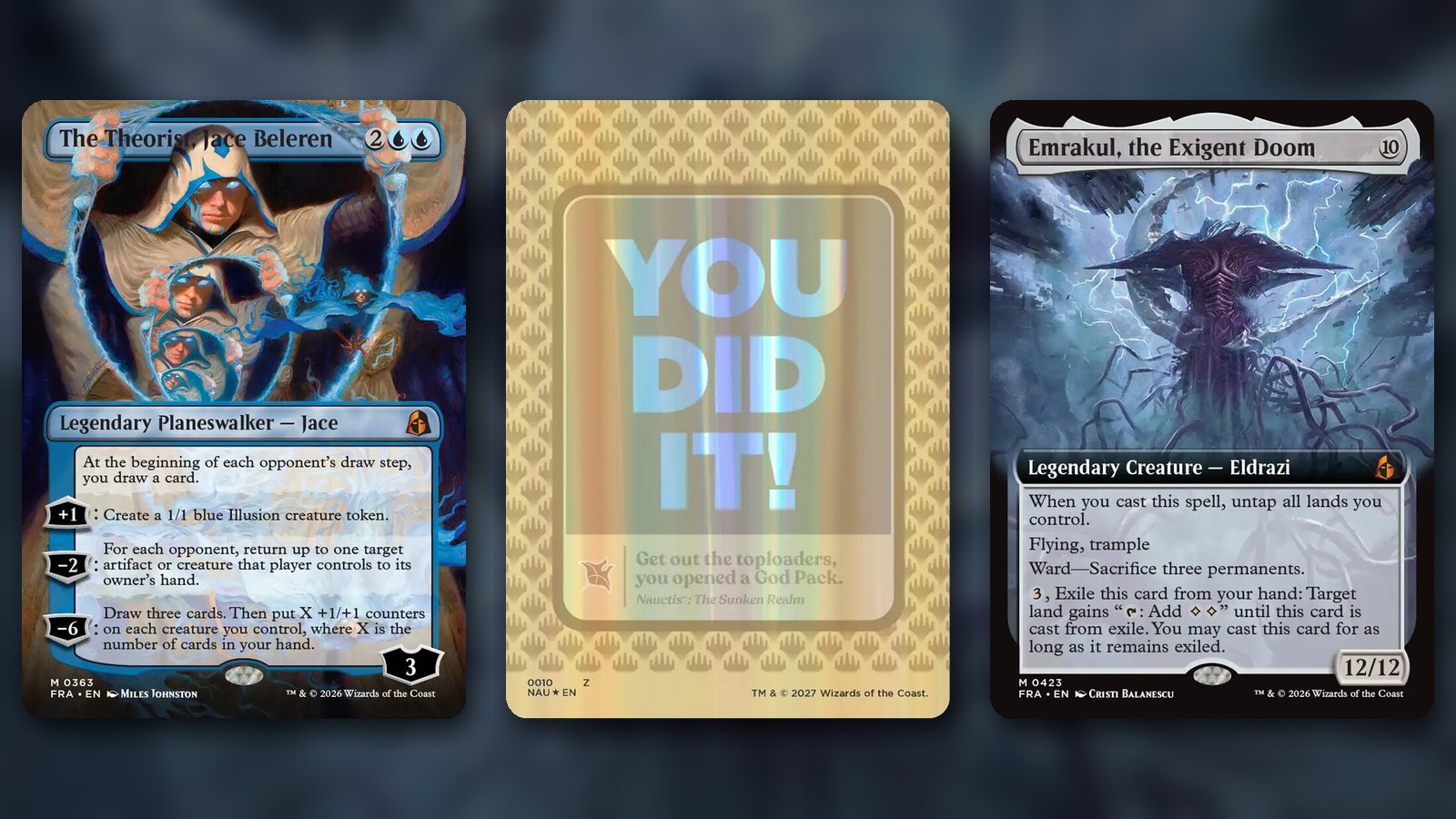 Three Magic cards side by side: the gold foil God Pack celebration card reading YOU DID IT! in the middle, the borderless The Theorist, Jace Beleren on the left and the borderless Emrakul, the Exigent Doom on the right, over a blurred dark blue storm background