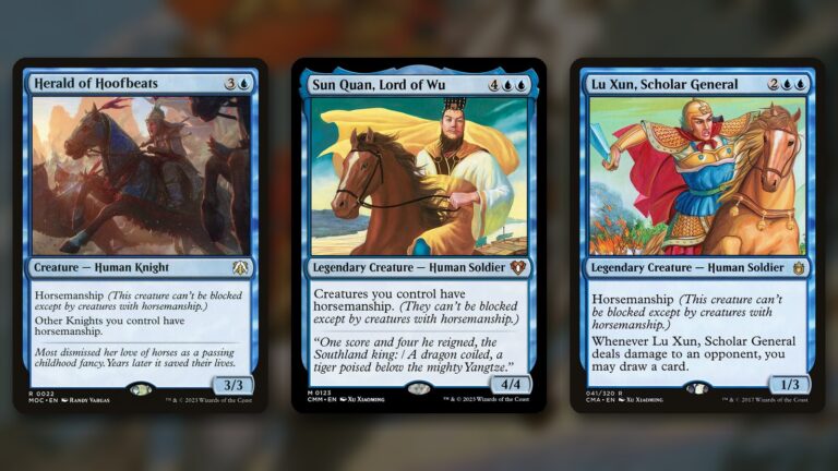 Three blue MTG cards with horsemanship side by side: Herald of Hoofbeats, a 3/3 Knight, Sun Quan, Lord of Wu, a 4/4 legend that gives your creatures horsemanship, and Lu Xun, Scholar General, a 1/3 legend that draws cards, over a blurred painting of a rider on a white horse
