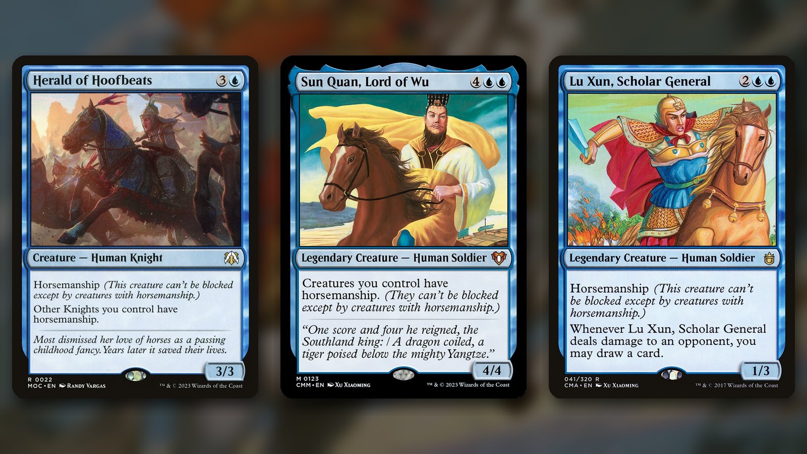 Three blue MTG cards with horsemanship side by side: Herald of Hoofbeats, a 3/3 Knight, Sun Quan, Lord of Wu, a 4/4 legend that gives your creatures horsemanship, and Lu Xun, Scholar General, a 1/3 legend that draws cards, over a blurred painting of a rider on a white horse