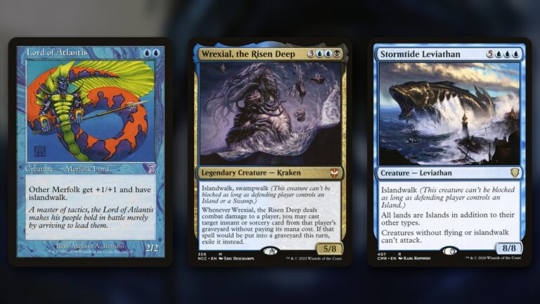 Three MTG islandwalk cards side by side: Lord of Atlantis, a merfolk lord holding a trident, Wrexial, the Risen Deep, a kraken rising from a storm-tossed sea among wrecked ships, and Stormtide Leviathan, a vast sea creature breaching beside a lighthouse, over a blurred dark-blue background