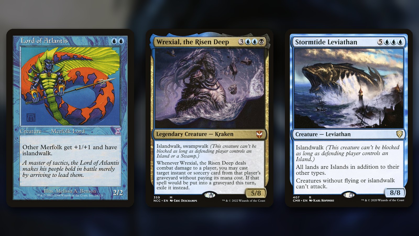 Three MTG islandwalk cards side by side: Lord of Atlantis, a merfolk lord holding a trident, Wrexial, the Risen Deep, a kraken rising from a storm-tossed sea among wrecked ships, and Stormtide Leviathan, a vast sea creature breaching beside a lighthouse, over a blurred dark-blue background