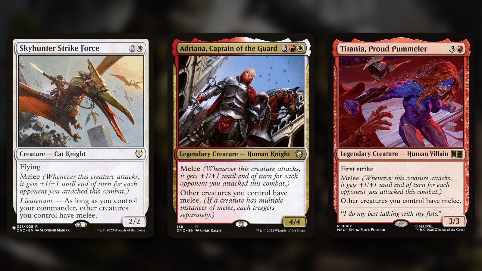 Three Magic cards side by side over a blurred goblin-crowd background: Skyhunter Strike Force, Adriana, Captain of the Guard and Titania, Proud Pummeler, each with melee in its rules text