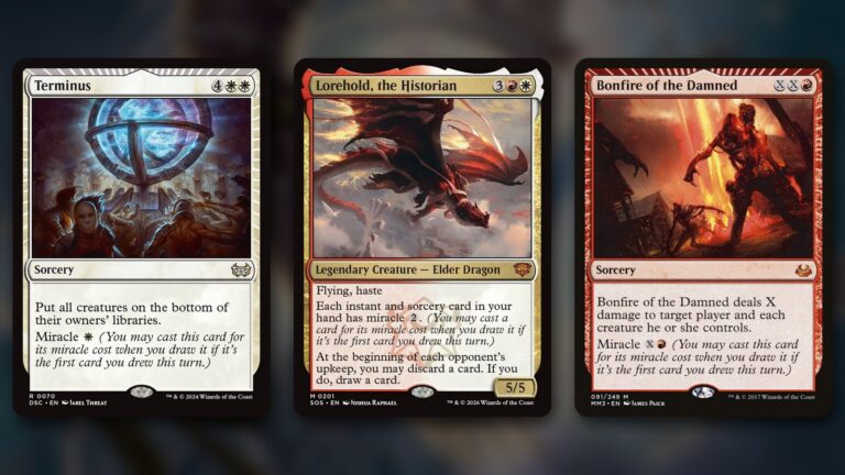 Three Magic cards side by side over a blurred dark background: Terminus, Lorehold, the Historian and Bonfire of the Damned, each showing miracle in its rules text
