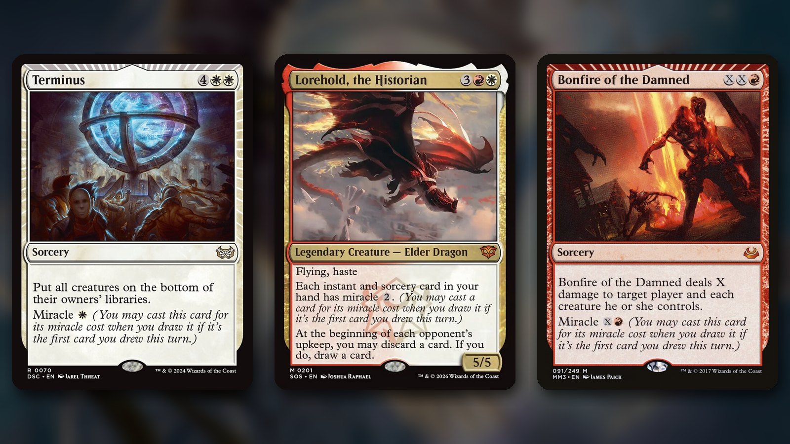 Three Magic cards side by side over a blurred dark background: Terminus, Lorehold, the Historian and Bonfire of the Damned, each showing miracle in its rules text