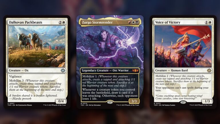 Three Magic cards side by side over a blurred background: Dalkovan Packbeasts, Zurgo Stormrender and Voice of Victory, each showing mobilize in its rules text