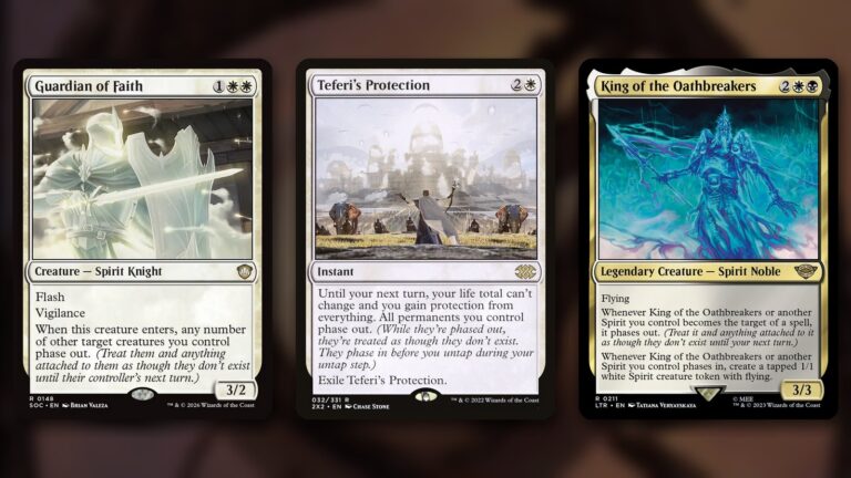 Three white MTG cards that phase permanents out, side by side: Guardian of Faith, a ghostly Spirit Knight, Teferi's Protection, an instant showing a robed figure before a fading city, and King of the Oathbreakers, a glowing blue Spirit king, over a blurred painting of a vanishing city
