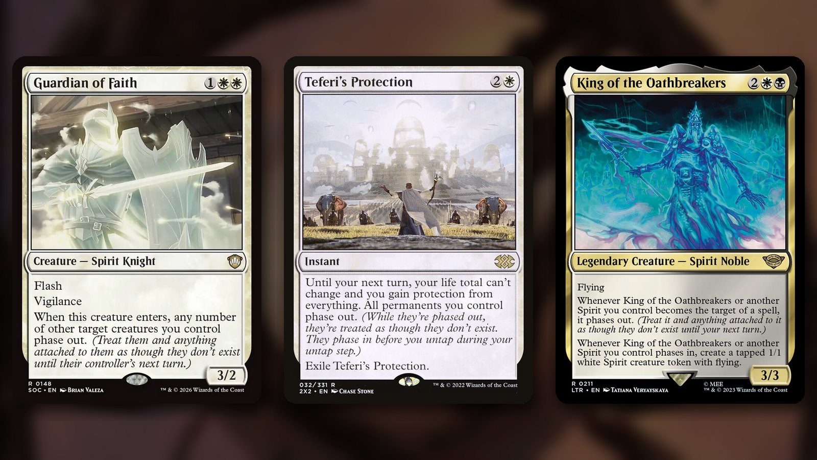Three white MTG cards that phase permanents out, side by side: Guardian of Faith, a ghostly Spirit Knight, Teferi's Protection, an instant showing a robed figure before a fading city, and King of the Oathbreakers, a glowing blue Spirit king, over a blurred painting of a vanishing city