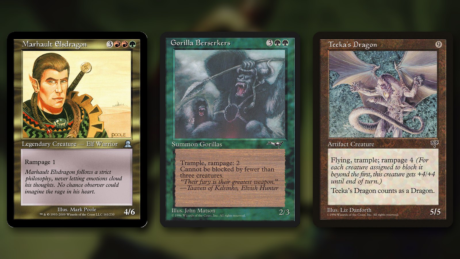 Three MTG rampage cards side by side: Marhault Elsdragon, a braided elf warrior with a sword over his shoulder, Gorilla Berserkers, two roaring gorillas with a spear, and Teeka's Dragon, a winged purple dragon, over a blurred green forest background