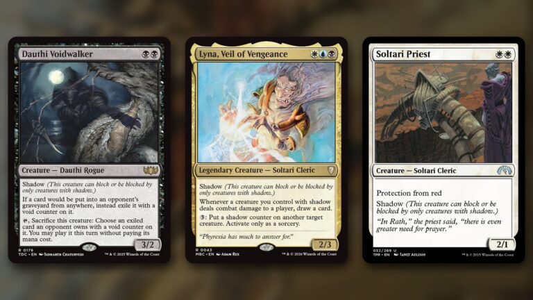 Three MTG cards side by side: Dauthi Voidwalker, a 3/2 with shadow, Lyna, Veil of Vengeance, the first legendary shadow commander, and Soltari Priest, a 2/1 with shadow and protection from red, over a dark blurred background