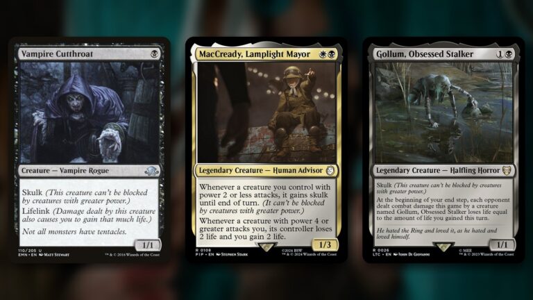 Three MTG skulk cards side by side: Vampire Cutthroat, a hooded vampire creeping out of the dark, MacCready, Lamplight Mayor, a small figure in goggles and a helmet pointing ahead, and Gollum, Obsessed Stalker, crawling through a marsh, over a blurred dark background