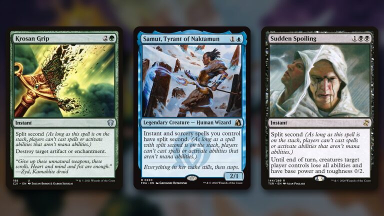 Three Magic cards side by side over a blurred dark background: Krosan Grip, Samut, Tyrant of Naktamun and Sudden Spoiling, each showing split second in its rules text