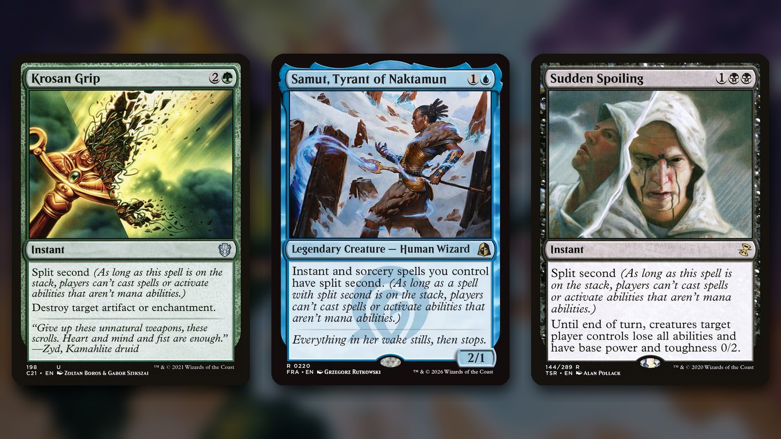 Three Magic cards side by side over a blurred dark background: Krosan Grip, Samut, Tyrant of Naktamun and Sudden Spoiling, each showing split second in its rules text