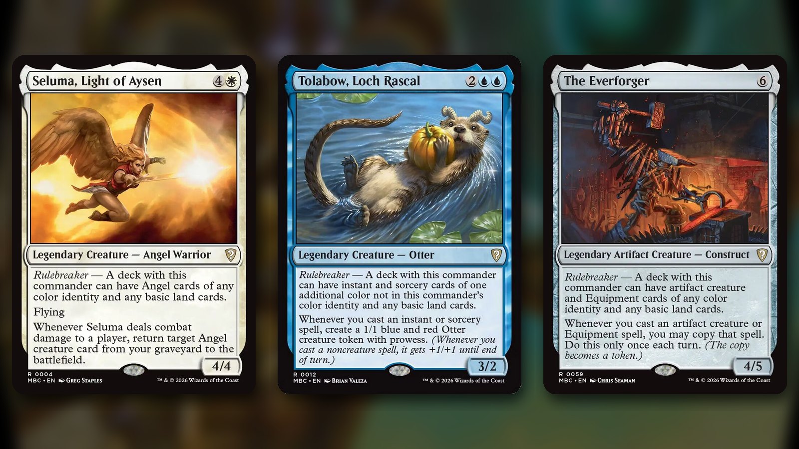 Three Mystery Booster Commander Edition rulebreaker commanders side by side: Seluma, Light of Aysen, a winged angel diving through golden light, Tolabow, Loch Rascal, an otter floating in a loch holding a pumpkin, and The Everforger, a construct forging blades in a red-lit smithy, over a blurred background of Arzakon art