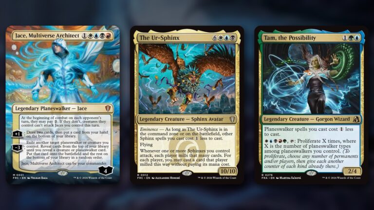 Three Reality Fracture commander cards side by side: Jace, Multiverse Architect, a four-colour planeswalker, The Ur-Sphinx, a 10/10 Sphinx Avatar, and Tam, the Possibility, a 2/4 Gorgon Wizard, over a dark blurred background